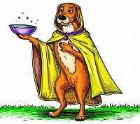 Lustige farbige Comic Zeichnung Hund stehend auf Hinterbeinen etwas seitlich stehend, Gesicht schaut direkt den Betrachter an, gekleidet in verschliessener Mönchskutte, Bettelschale in einer Vorderpfote dem Betrachter entgegen haltend, andere Pfote auf Herzgegend haltend, Gesichtsausdruck flehend und gleichzeitig verschmitzt.  Boden mit Grasbüscheln, mittelalterlicher Touch