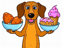 Lustige Zeichnung Hund mit Eiswaffel, Torte und Hähnchenschenkel