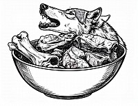 Comiczeichnung Große Schüssel gefüllt mit Fleisch und Knochen, im Hintergrund heulender Wolfskopf