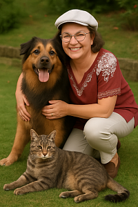 lachende Frau mit Brille, weißer Mütze und rotem Oberteil kniet auf einer grünen Wiese und umarmt ihren großen Hund mit braun-schwarzem Fell. Direkt vor ihnen sitzt eine grau getigerte Katze. Im Hintergrund ist eine Natursteinmauer und grüne Gartenbepflanzung zu sehen.