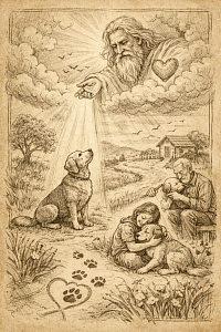 Spirituelle Illustration eines Hundes als Symbol bedingungsloser Liebe, gesandt von Gott, in sepiafarbener Zeichnung