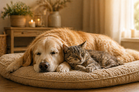 Seniorer Hund und Katze liegen entspannt zusammen auf einem weichen Kissen im warmen Licht eines gemütlichen Wohnraums – ruhige, vertraute Atmosphäre für präventive und seniorengerechte Wellness im Hausbesuch