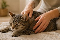 Sanfte physiotherapeutische Behandlung einer entspannten Katze im Hausbesuch – achtsame Hände unterstützen Beweglichkeit und Wohlbefinden