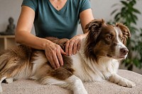 Osteopathie für Hunde – sanfte Behandlung durch eine Therapeutin bei einem entspannten Hund in ruhiger Umgebung
