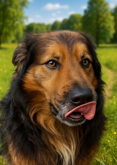 Grizzly, ein braun-schwarzer Hund mit wachen, freundlichen Augen, sitzt draußen auf einer grünen Wiese und leckt sich entspannt über die Schnauze. Sein Blick wirkt ruhig, aufmerksam und ein bisschen schelmisch – als hätte er gerade an etwas Leckeres gedacht.