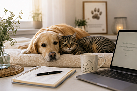 Hund und Katze entspannt in ruhiger Atmosphäre neben Laptop und Notizbuch – symbolische Darstellung einer strukturierten schriftlichen Verhaltenstherapie-Beratung