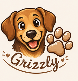 „Stilisiertes Hundelogo mit braun-schwarzem Hundekopf und Pfote in warmen Naturfarben – freundliches Symbol für Grizzly.“