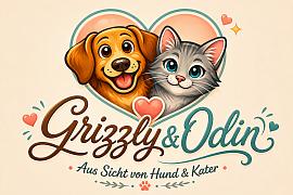 Illustration eines fröhlichen Hundes und einer grauen Katze vor einem roten Herz auf schwarzem Hintergrund. Darunter steht in dekorativer Schrift „Grizzly & Odin – Aus Sicht von Hund & Kater“. Kleine Herzen und funkelnde Sterne verzieren das bunte Logo.