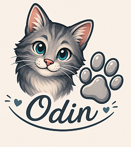 „Illustration eines grauen Katers mit großen blaugrünen Augen und freundlichem Gesichtsausdruck neben einer grauen Katzenpfote. Unter dem Kater steht in geschwungener Schrift der Name ‚Odin‘, ergänzt durch kleine Herzsymbole auf sanft beigem Hintergrund.“